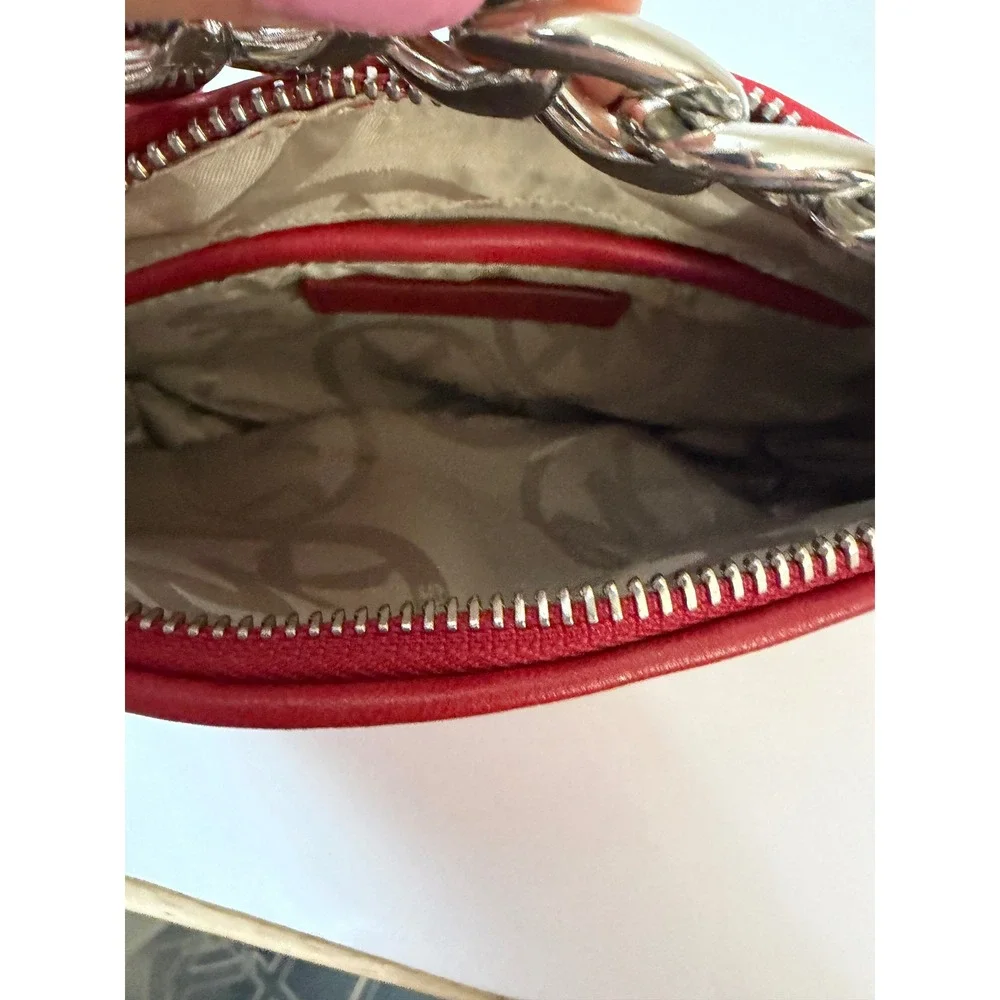 Michael Kors Red Quilted Leather Chain Pouch Clutch Wristlet Silver Hardware